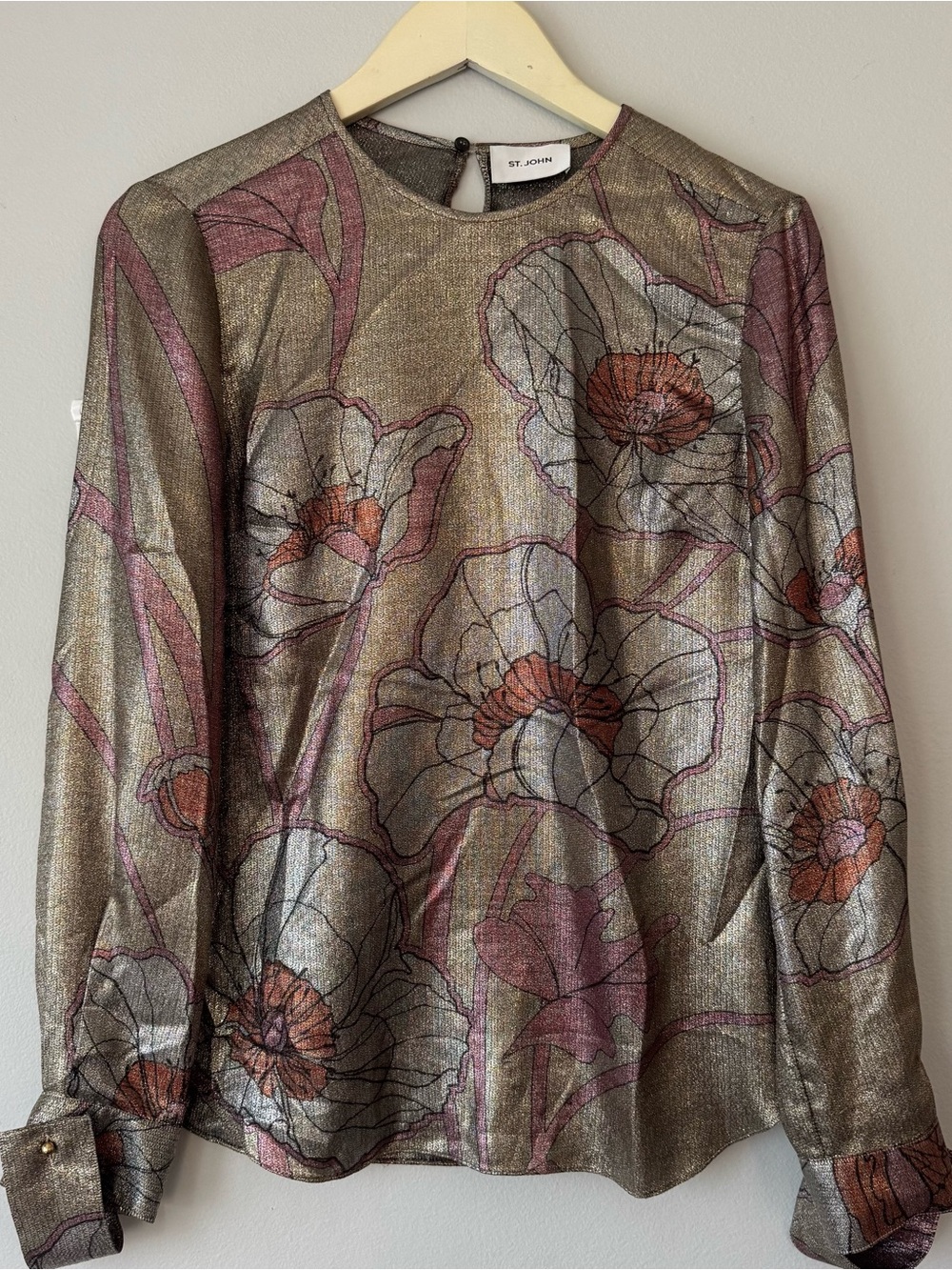 St. John Metallic Floral Crewneck Top - Gold & Pink
